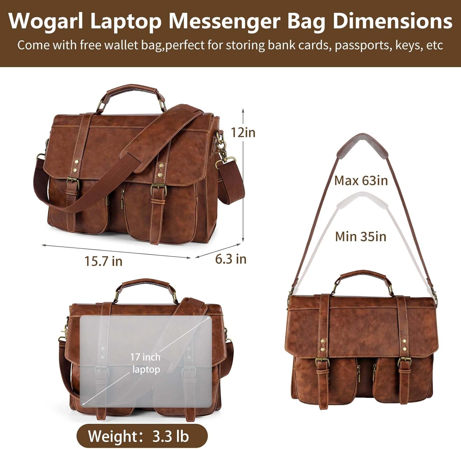 Wogarl Messenger Bag for Men 15.7 inch: Vintage PU Leather Briefcase Large Computer Laptop Bag for Office Business - Image 4
