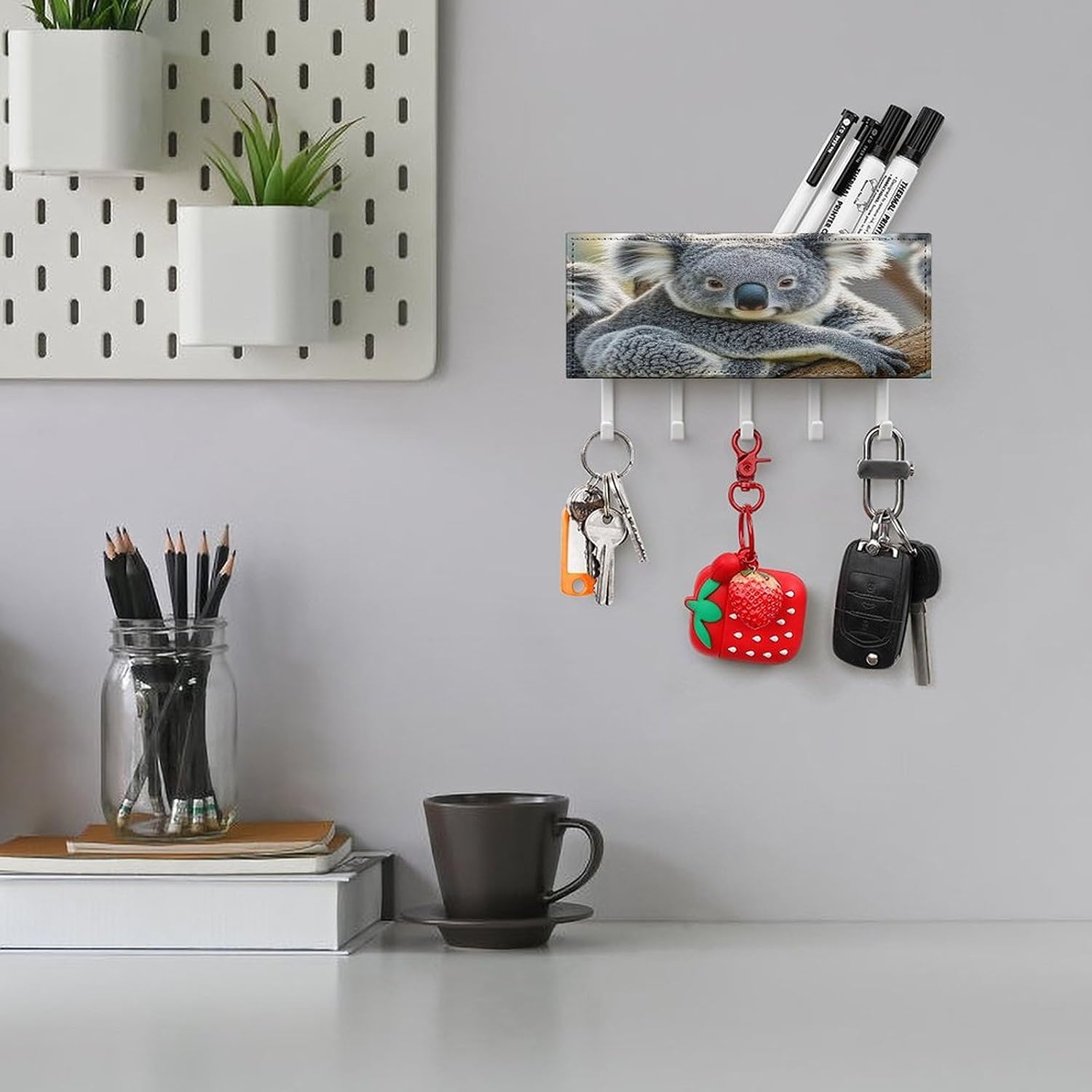 Key Holder Wall Mount Key Hanger with 5 Hooks, Decorative Key Rack | Lovely Koala Hanging Key Hooks with Mail Organizer for Wall Living Room Kitchen Bathroom Hallway