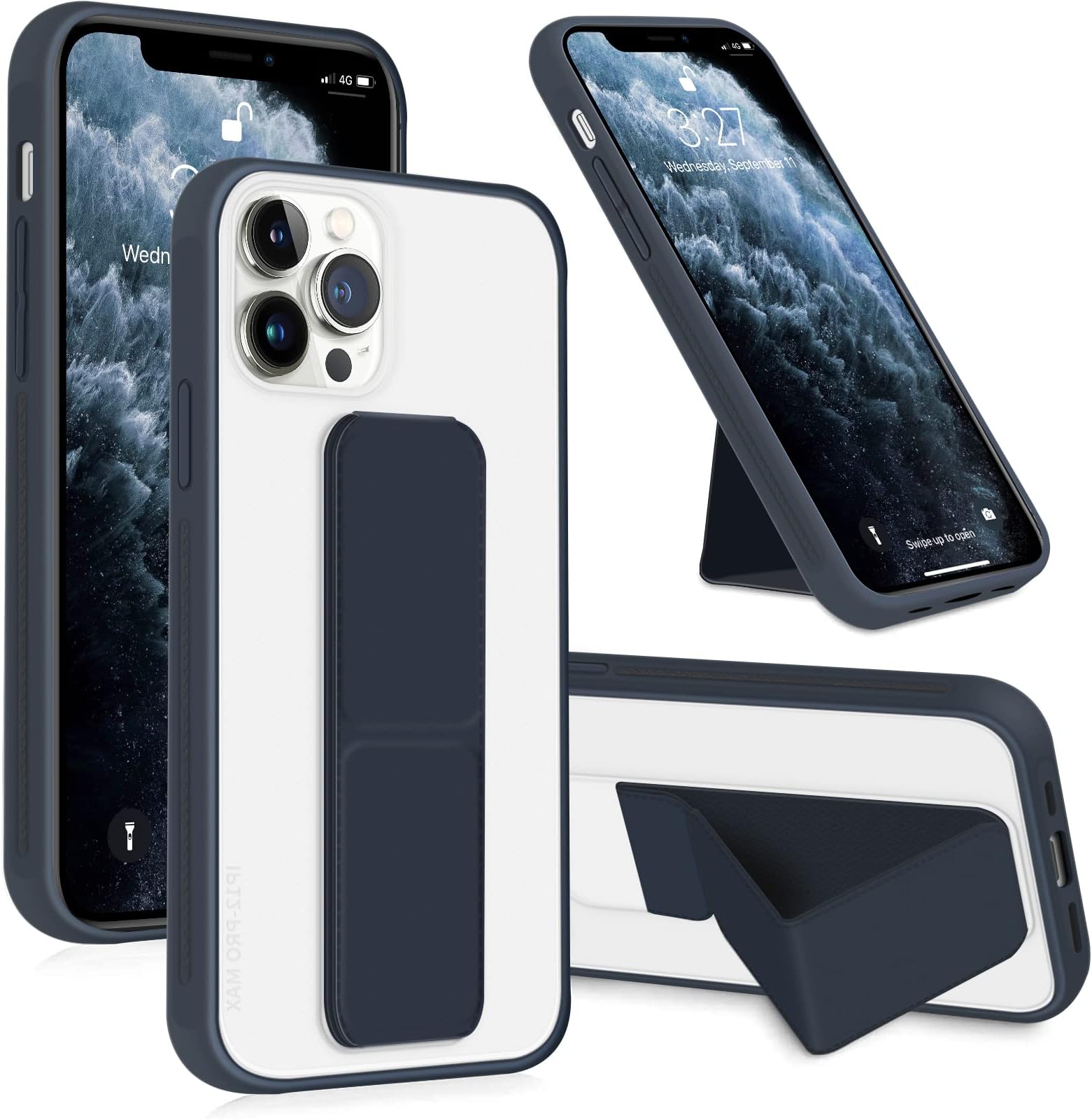 INFOSUN for iPhone 11 Pro Max Case Stand Cover Matte Cases with Frosted Back Hand Grip Kickstand Cover Holder Shockproof Translucent Design for iPhone 11 Pro Max (6.7 Inch) (2019) (Navy Blue)