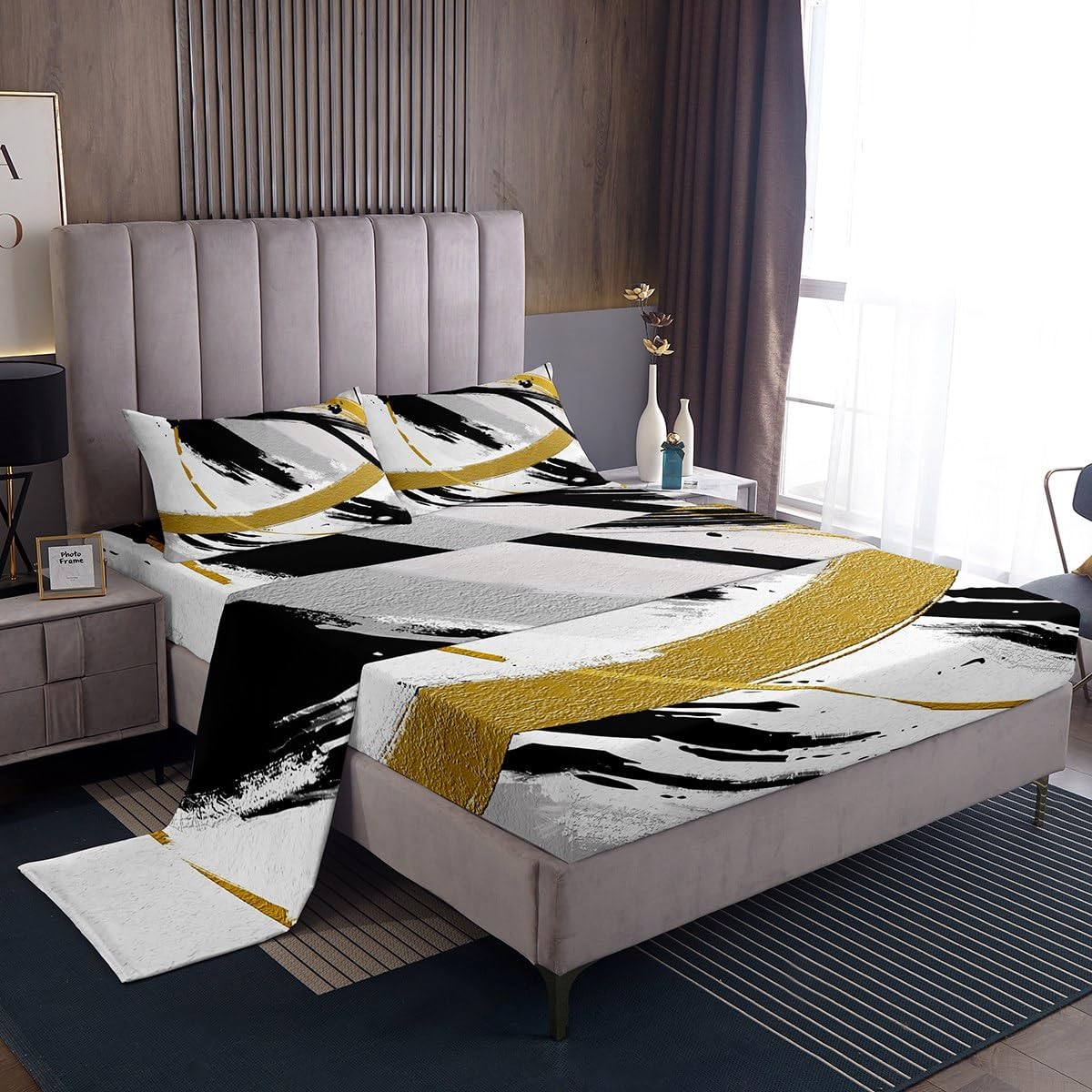 Erosebridal Black Grey Gold Bed Sheets Set Brush Strokes Oil Painting Queen Size Sheet Sets, Gradient Abstract Vintage Sheets Ombre Graffiti Bed Set, Contemporary Modern Flat Sheet