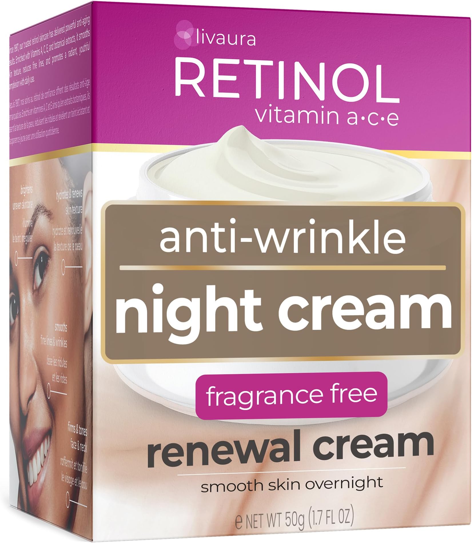 LIVAURA Retinol Skincare LdeL Cosmetics Night Cream Vitamins A + C + E Works While You Sleep to Reduce Fine Lines And Other Signs of Aging 1.7 Oz.