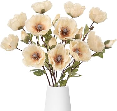 6Pcs Artificial Poppy Flowers Champagne Fake Poppy Flowers with Long Stems Faux Silk Spring Flower for Bridal Wedding Bouquets Floral Arrangements Centerpiece Table Home Party DecorChampagne