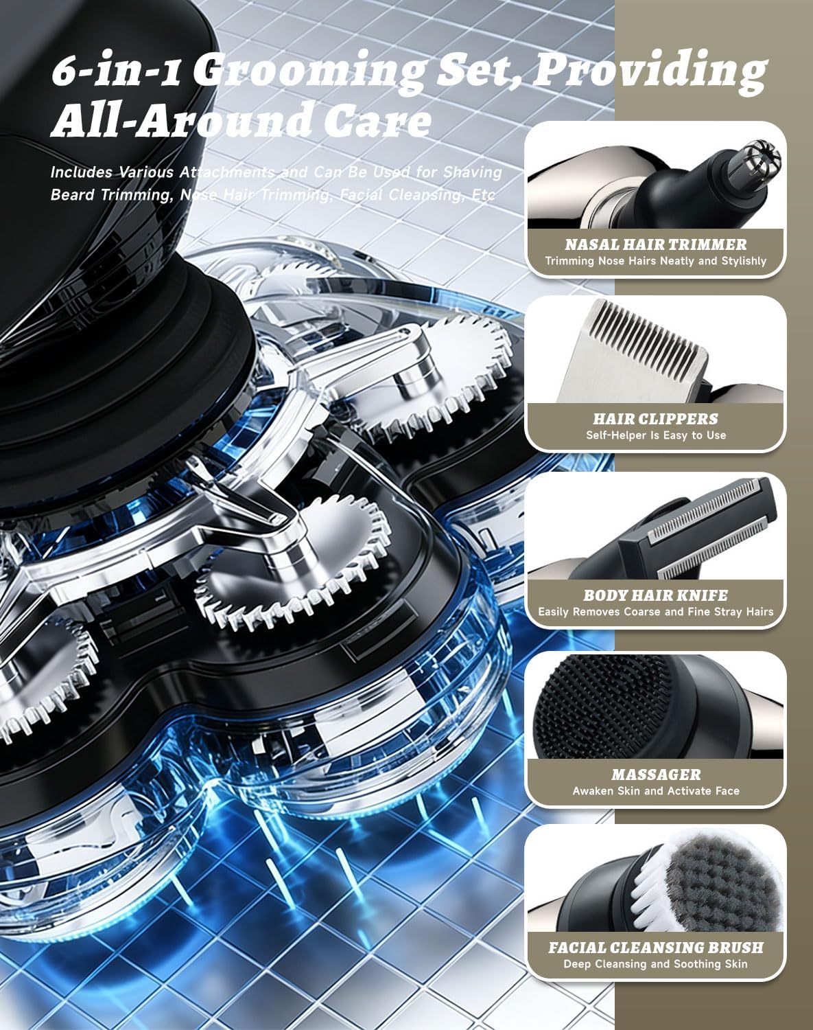 Bawldy 9.0 Ultra Shaver, 2026 New Bald Head Shavers for Men, 9D Floating Head System, Dual-Track Blades, 6-in-1 Detachable Head Shavers, Smooth & Comfortable, Intelligent Anti-Pinch, IPX7 Waterproof