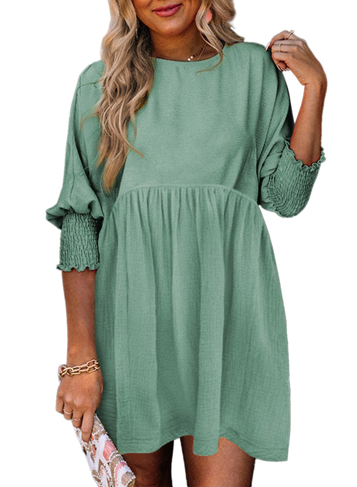 Dokotoo Womens Casual Dresses Tunic Dress Empire Waist Short Sleeve Crew Neck Flowy Babydoll Dress