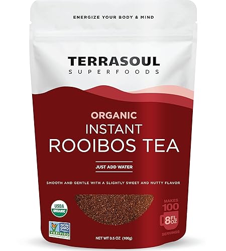 Terrasoul Superfoods Té Rooibos instantáneo orgánico, 3.5 onzas, té de hierbas naturalmente sin cafeína, orgánico USDA y rico en antioxidantes