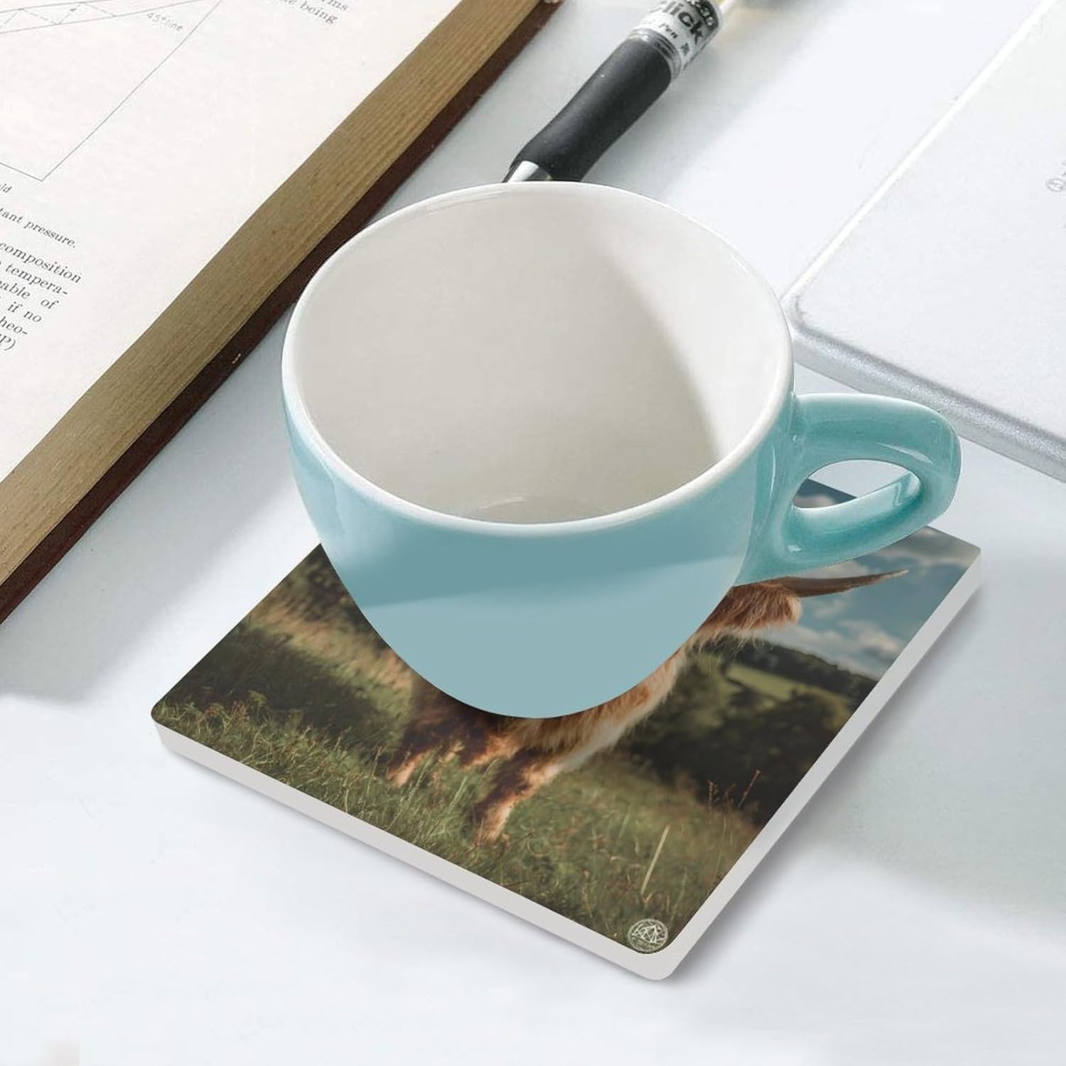 Highland Cow in The Scottish Highlands Coaster for Drinks Square Ceramic Table Coasters Stone Mat Crafts 6PCS Home Kitchen Decor