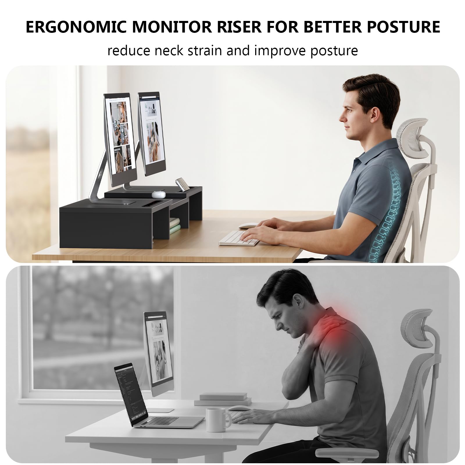 WALI Extra Long Wooden Dual Monitor Stand Riser with 2 Slots, up to 22lbs view 4
