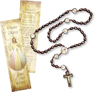 Needzo Divine Mercy Catholic Rosary with Dark Wooden Beads for Men and Women, 20 Inches