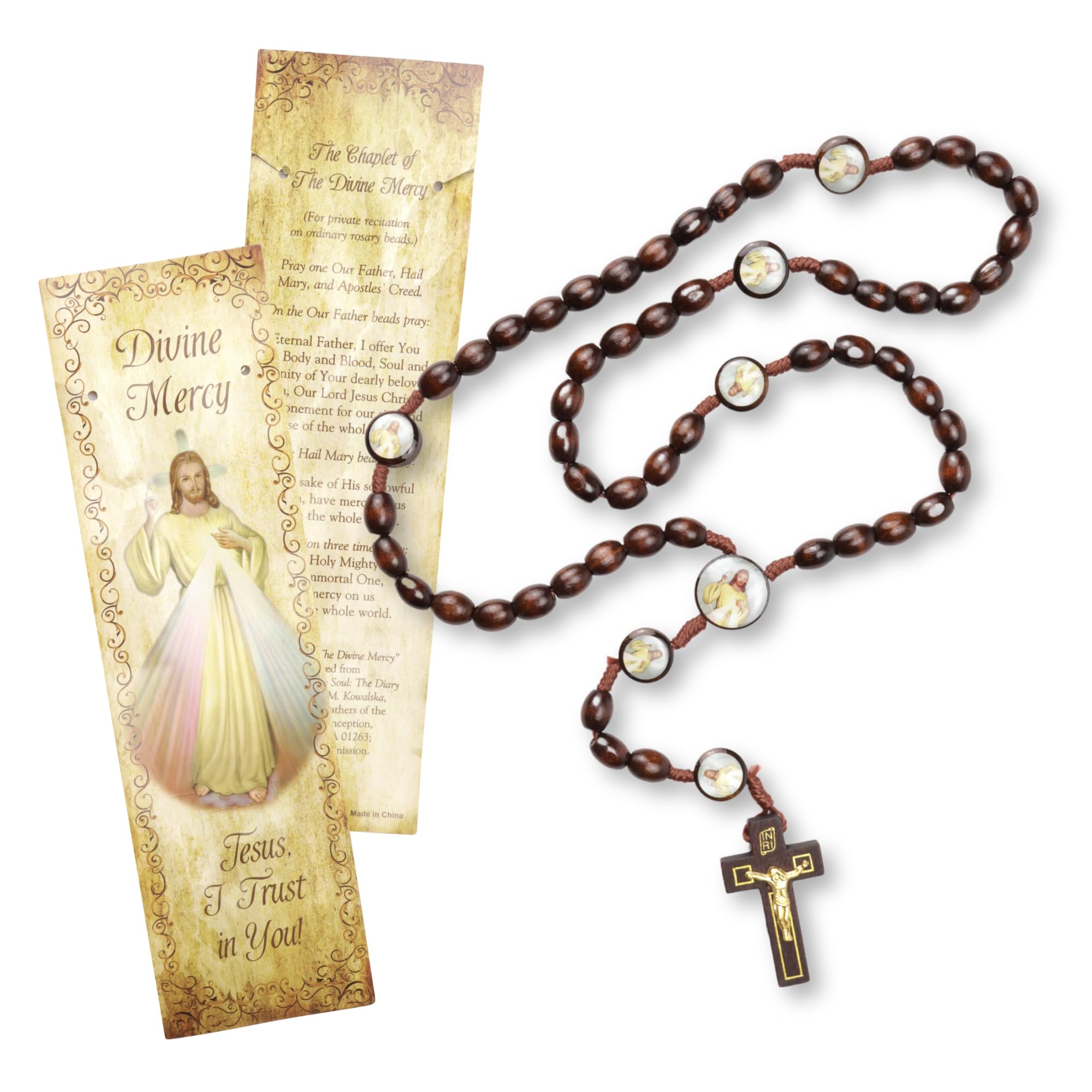 Needzo Divine Mercy Catholic Rosary with Dark Wooden Beads for Men and Women, 20 Inches