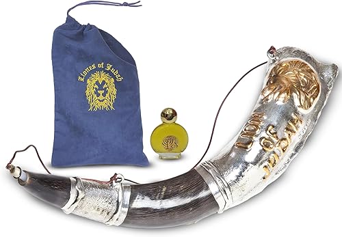SHOFAROT ISRAEL BARSHESHET - RIBAK Silver 925 Unción Kudu Shofar León de Judá con regalo de bolsa y botella de aceite de unción de 0.4 fl oz de