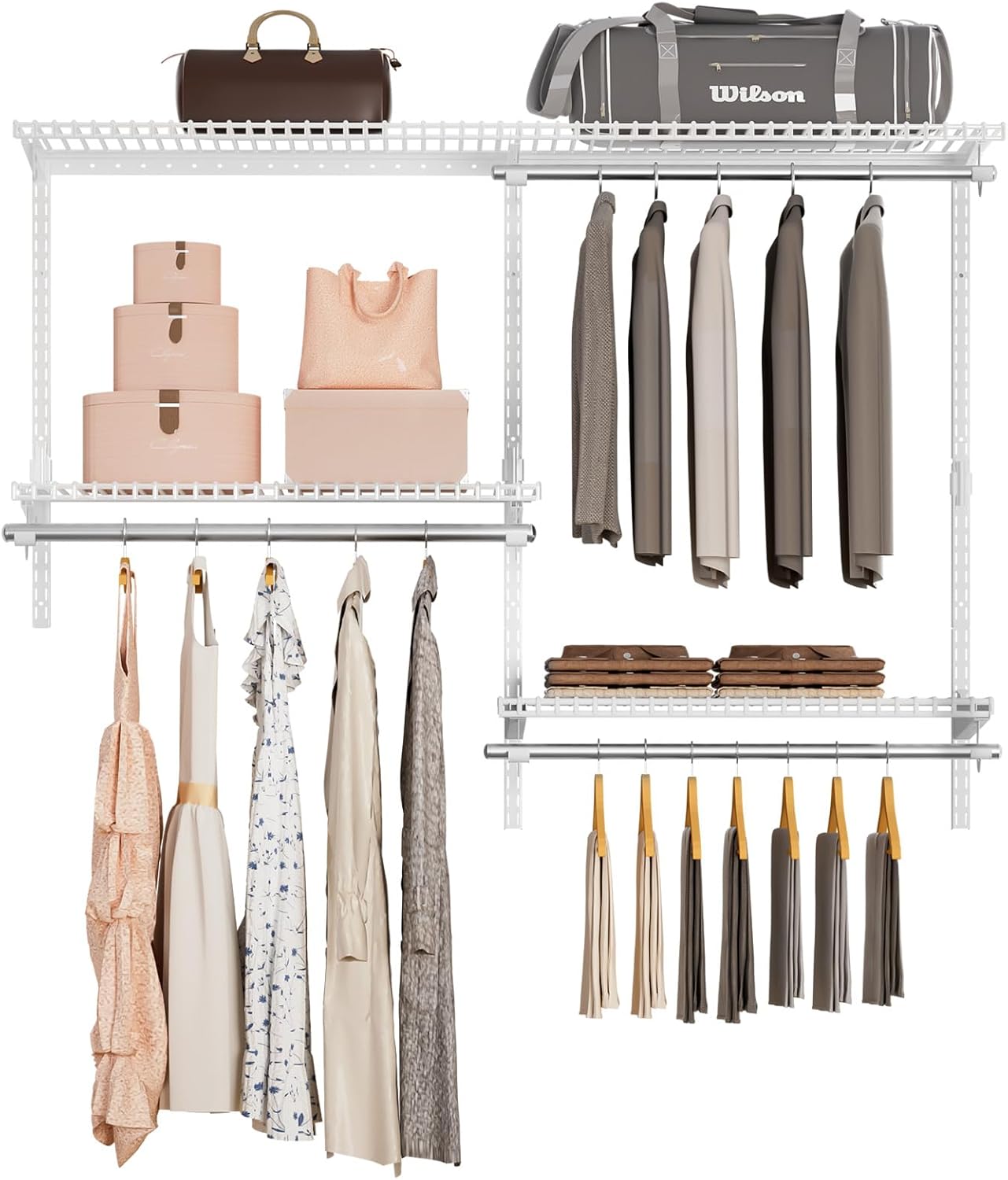 wire closet organizer system, wall mounted 4.4 ft. custom closet kit for bedrooms, adjustable storage shelves for clothes, shoes, and handbags