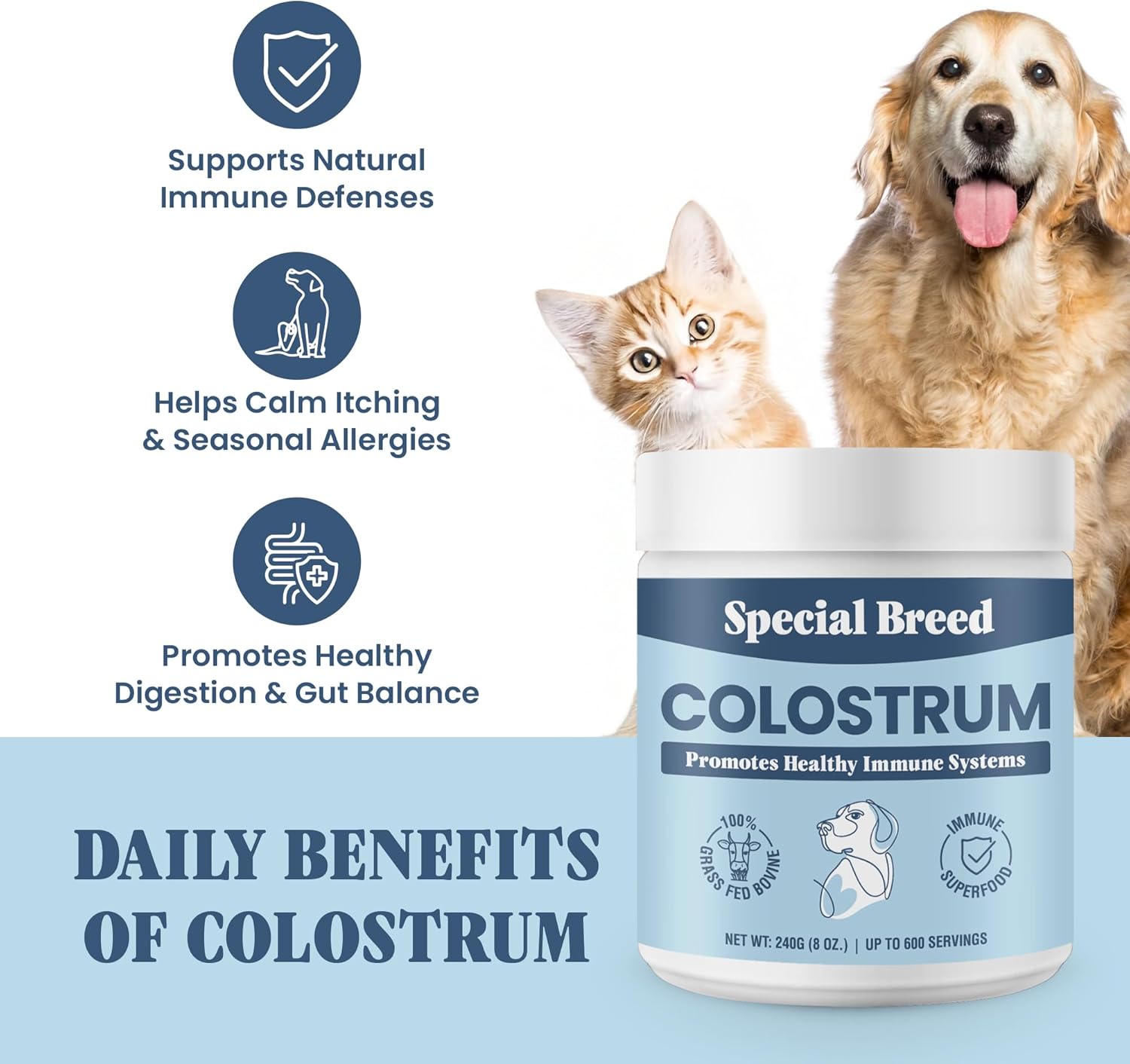 Special Breed Bovine Colostrum for Dogs and Cats – Grass Fed Colostrum Powder – Immune Support, Allergy & Itch Relief – Gut Health & Seasonal Allergy Defense – 600 ct