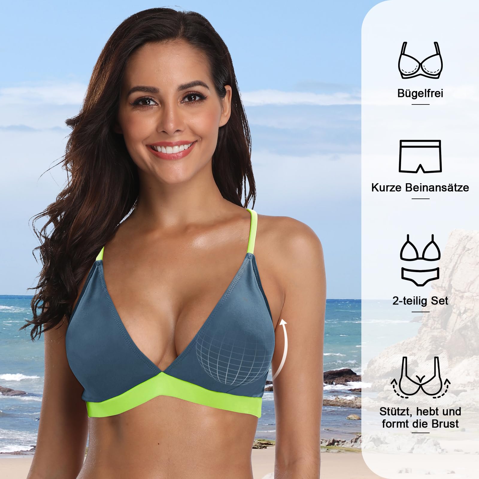 Durio Bikini Damen Set - Push up Bikini-Set Sport für Damen Sexy Oberteil Sportlich Boxer Shorts Farbblock Zweiteiliger mit Träger Verstellbar Hohe Taille Badeanzug Bademode
