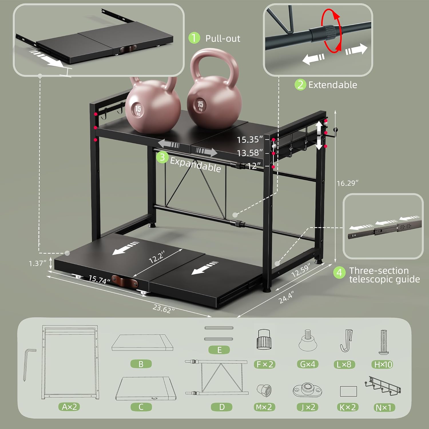 NETEL Expandable Microwave Stand countertop,2 Tier Metal Kitchen Countertop Organizer Shelves with 8 Hooks,Bakers Rack,Microwave Shelf with Drawers and Cup Holders,55lbs Weight Capacity,Black