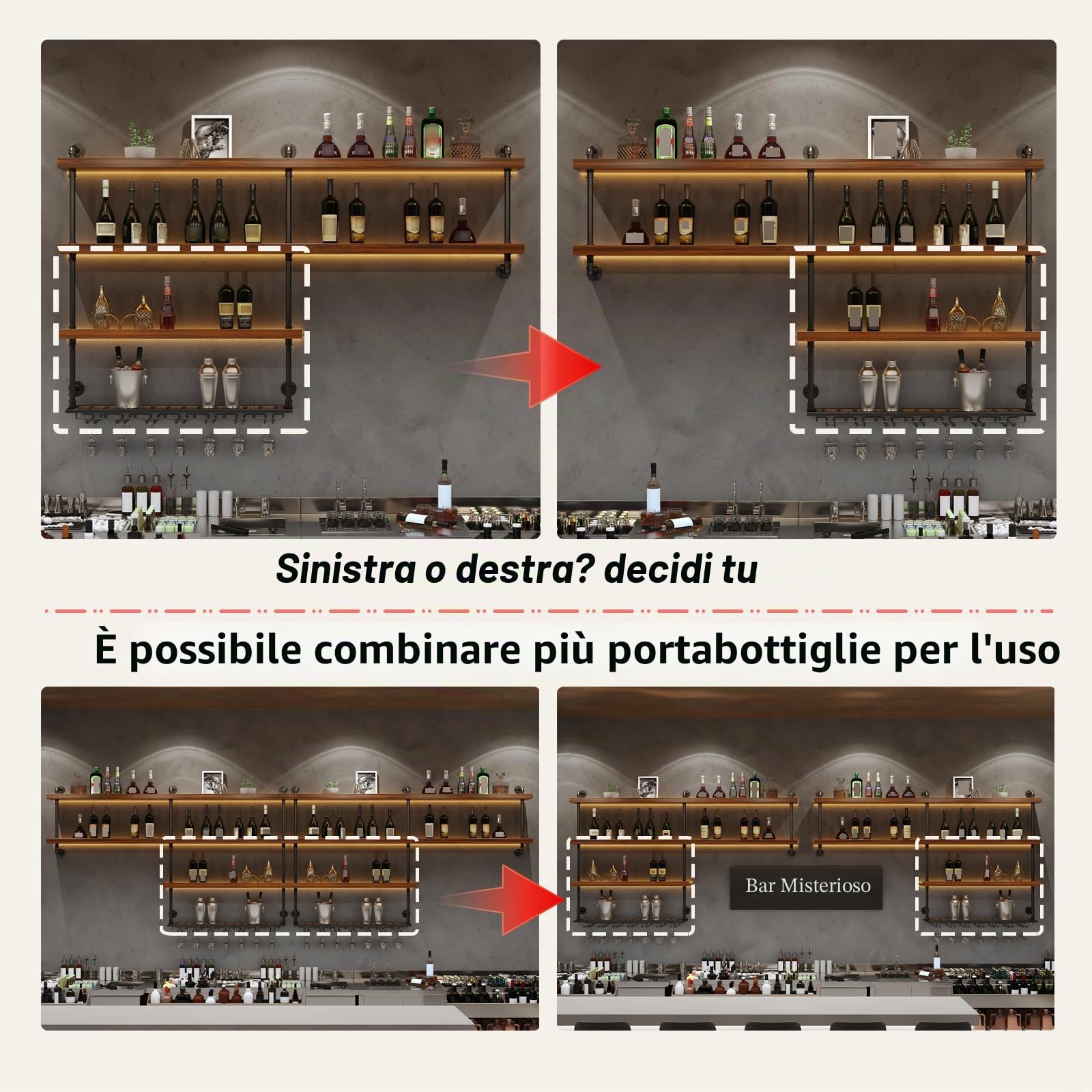 Portabottiglie Vino da Parete in Legno Massello, Porta Bottiglie di Vino con Luci LED, Industriale Scaffale Portabottiglie da Parete Conportabicchieri, per Cucina, Bar, Cantinetta, Sala (130 cm)