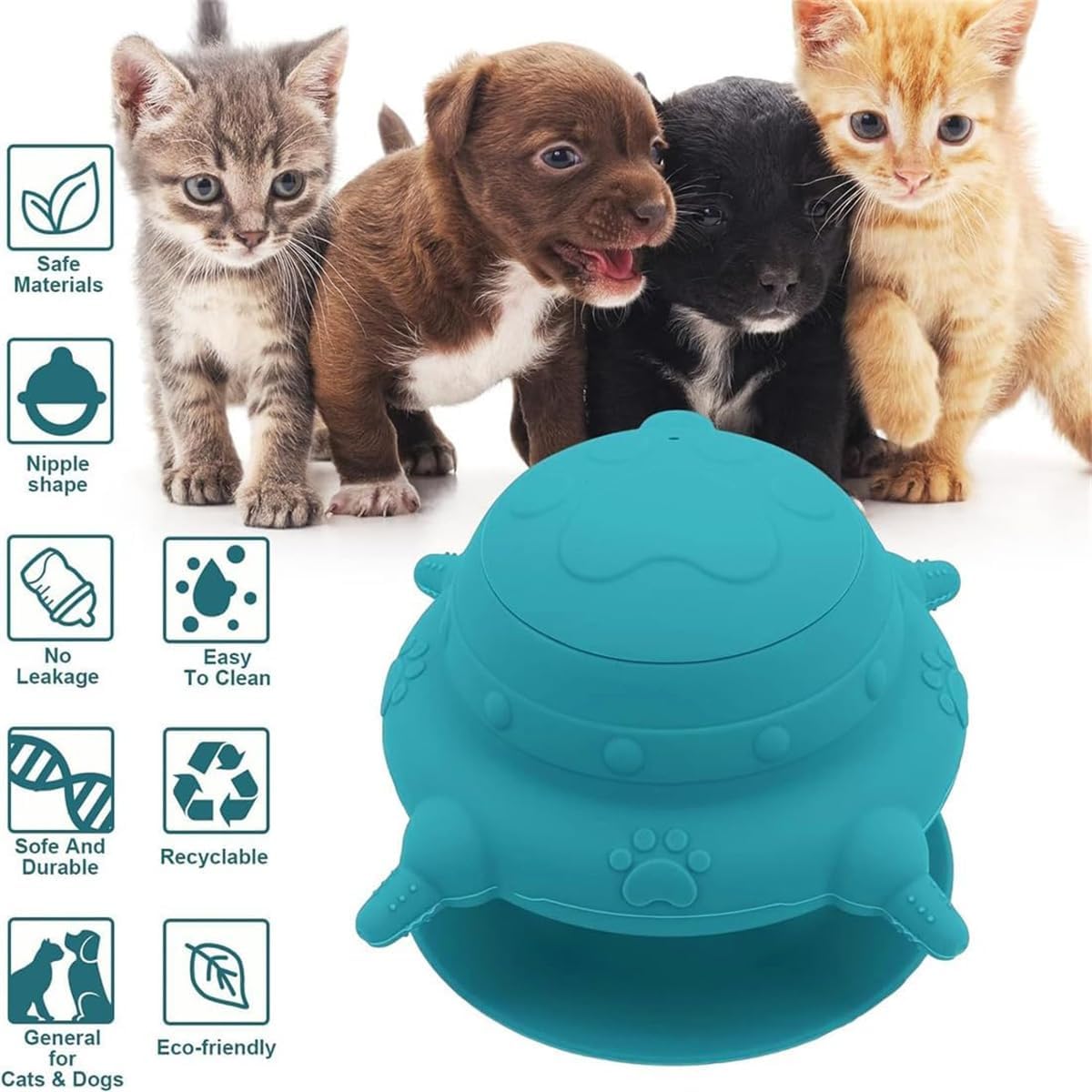 Puppy Milk Feeder for Nursing, 240ML Pet Milk Feeder with 4 Nipples, Silicone Puppy Nursing Station, Self Feeding Pet Feeder Milk Bowl with Lid, Non-Slip Feeder Bowl for Puppies Kittens (Blue)