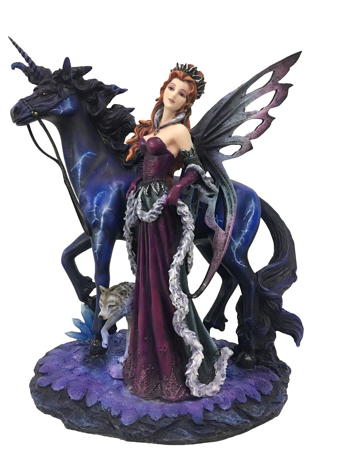 Statuette fée bleutée et licorne noire Monde Féérique cadeau idéal
