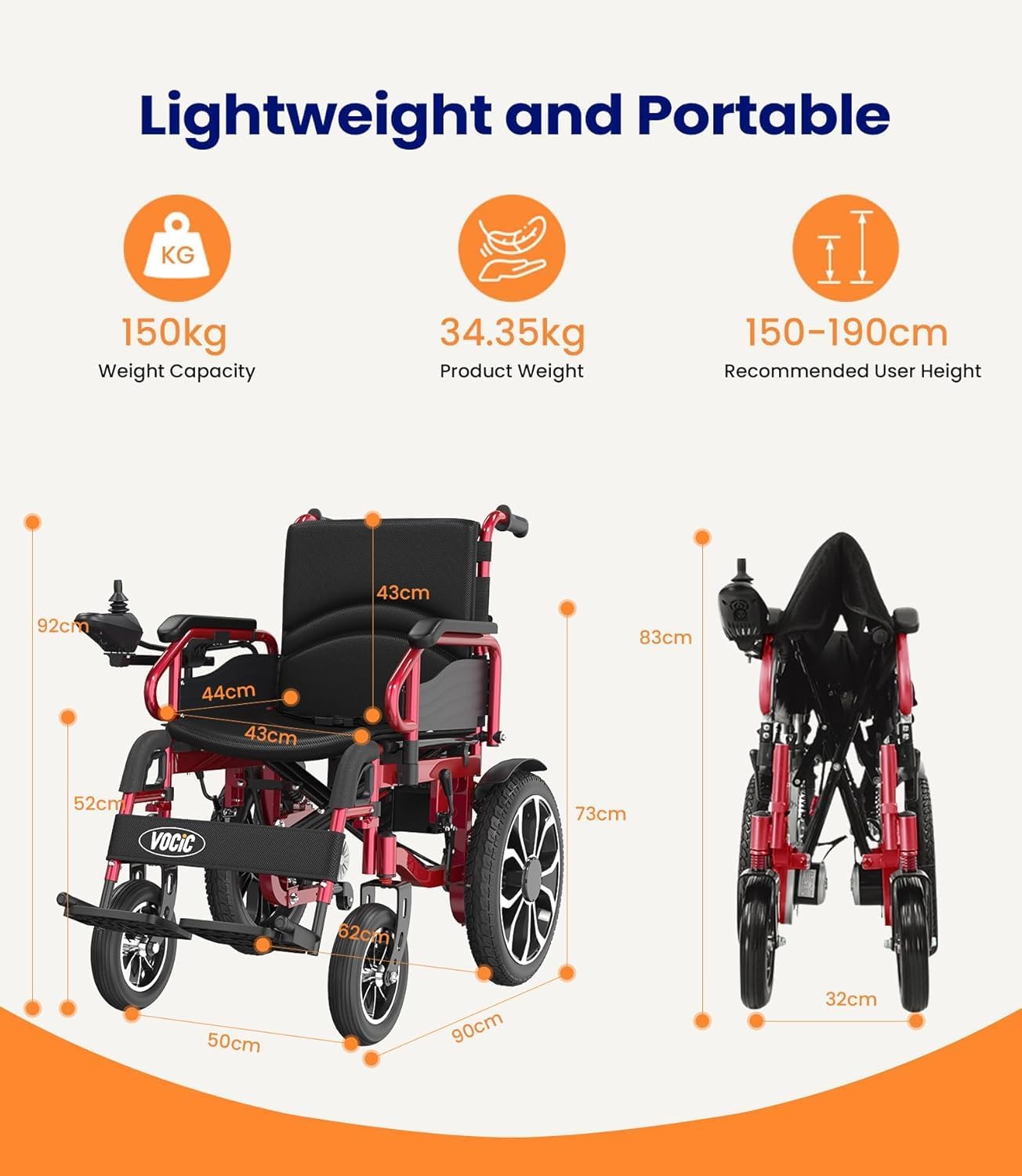VOCIC V56 Silla de ruedas electrica plegable ligera 150KG,30KM silla ruedas electrico estable con neumáticos de goma 40CM para todos los terrenos,Aprobado por la aerolínea,Garantía de 5 años (Rojo)