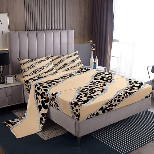 Miniatura 7 de Erosebridal Juego de sábanas con estampado de guepardo rosa, diseño de leopardo elegante, tamaño Queen, sábanas de piel de animales de selva,