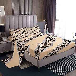 Erosebridal Kids Animal Sheet & Pillowcase Sets Brown Leopard Print Bed Sheets, African Wildlife Sheet Set Queen Safari Cheetah Sheets, Abstract Stripes Bedding Set Sequins Glitter Decor