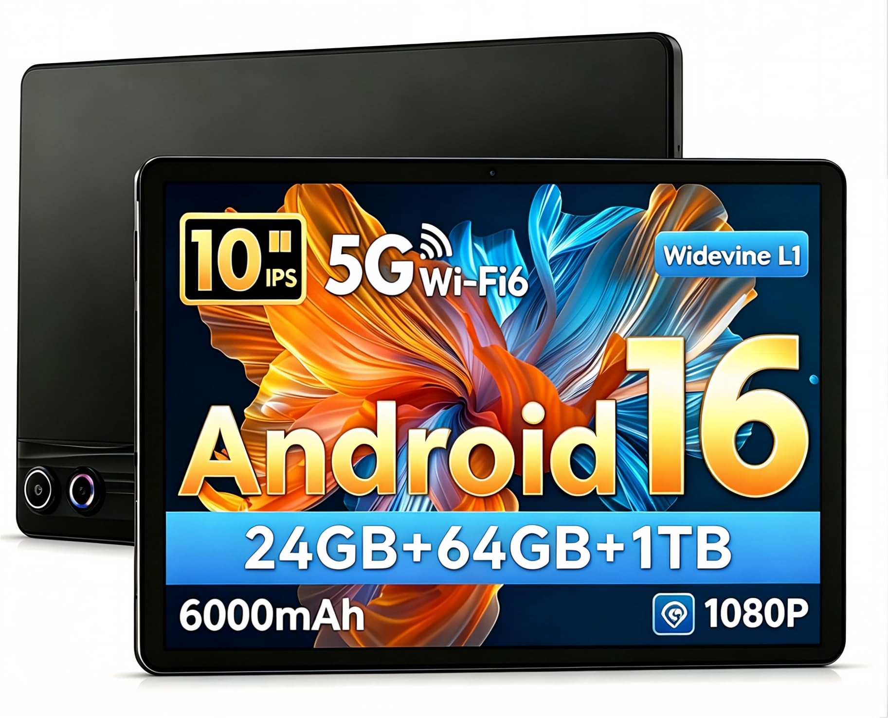 Tablette Android 16 10 Pouces, 24Go RAM+64Go ROM Extensible 1To, WiFi 6, Bluetooth 5.4, Double caméras, déverrouillage Facial, Batterie 6000mAh, Charge Rapide, certifiée Widevine L1, Noir