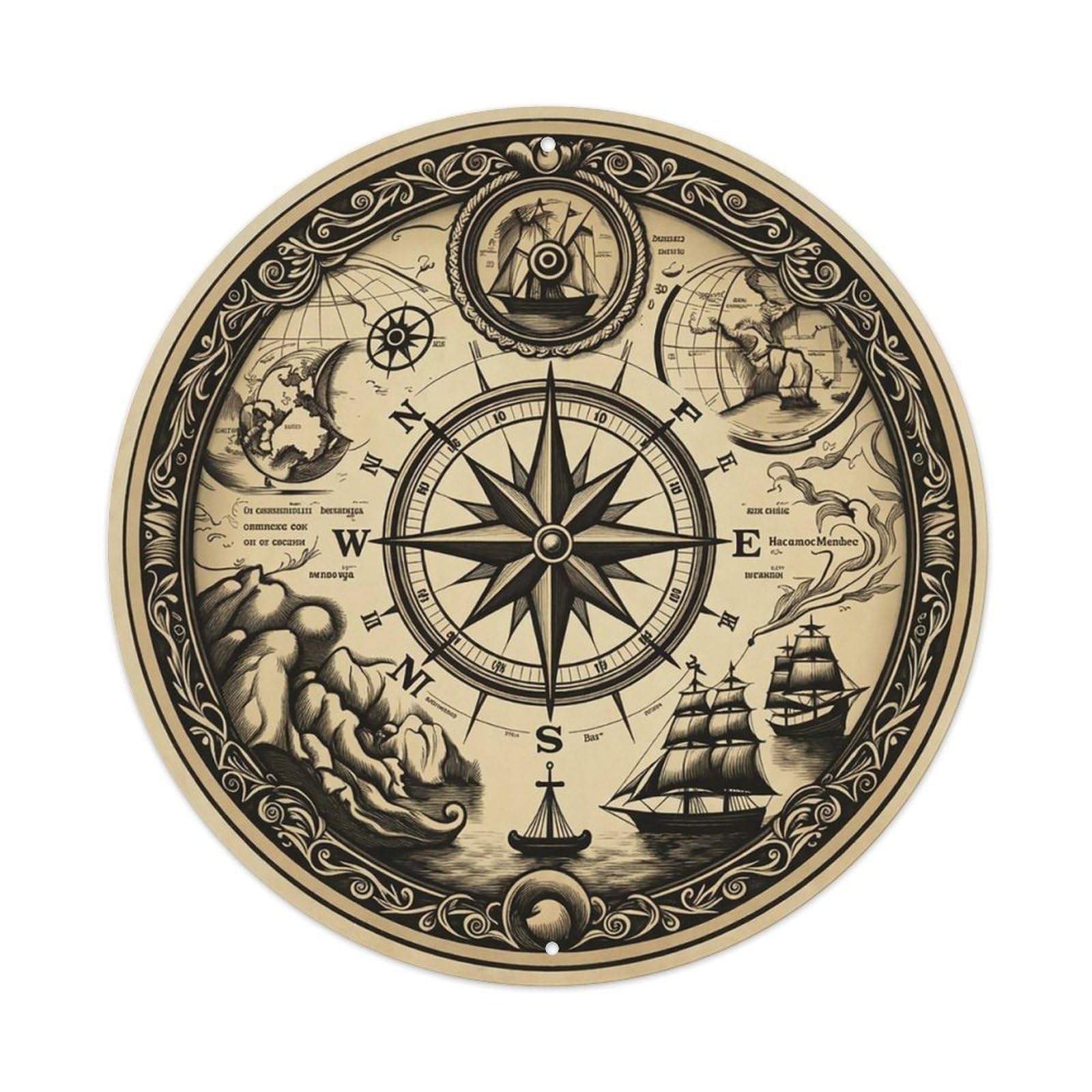 Vintage Nautical Compass World Map Pilgrim Route Metal Tin Sign