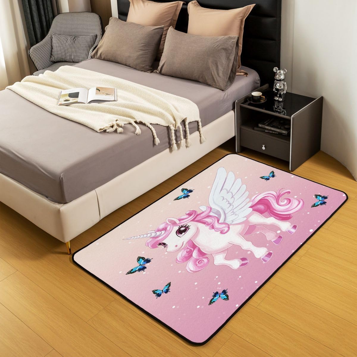Cute Unicorn Area Rug 5x7 Kids Cartoon Unicorn Decorative Carpet for Boys Girls Teens Butterfly Pink Galaxy Rugs for Living Room Bedroom Non-Slip Magical Animal Indoor Floor Mat Room Decor Accent Rug