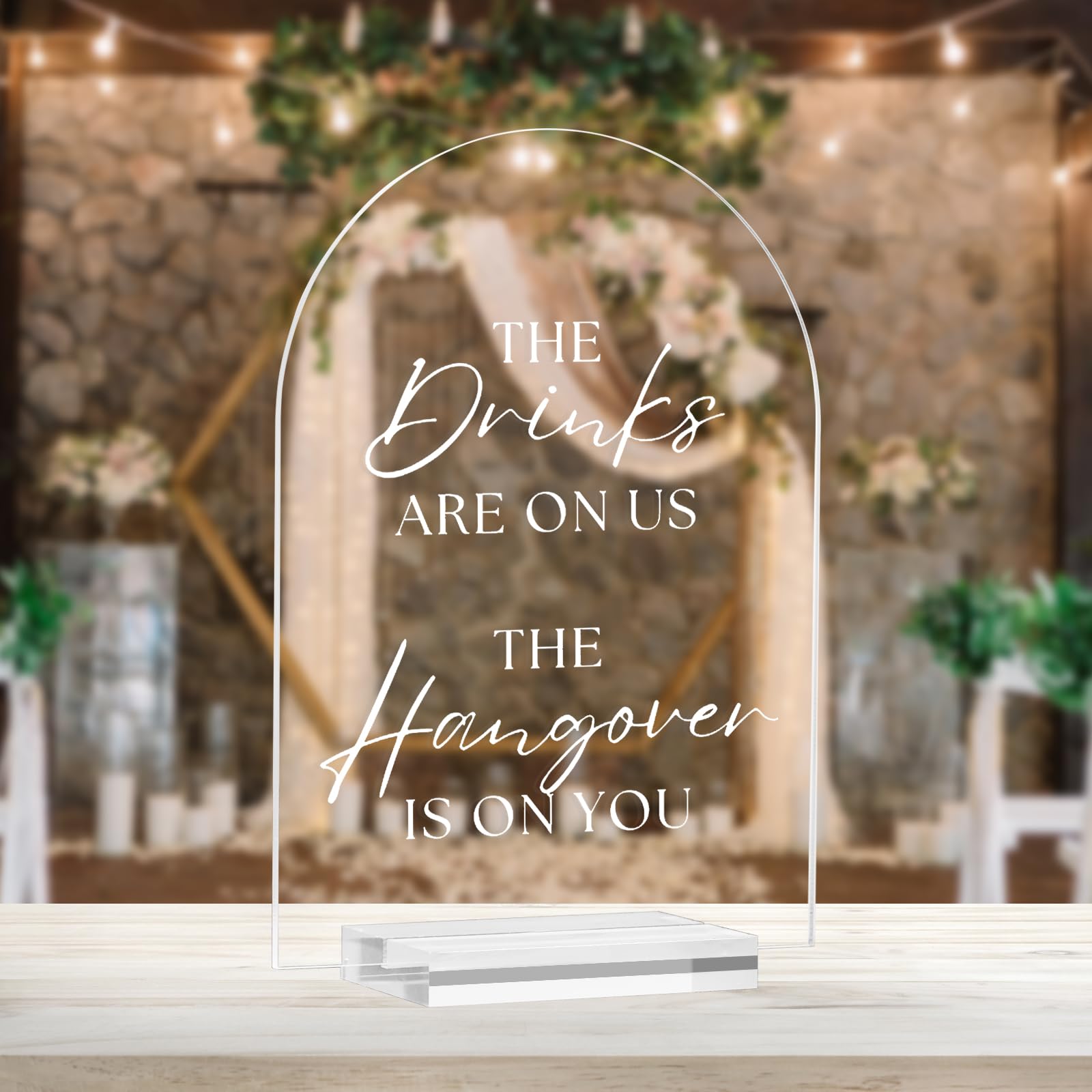 Clear Acrylic Arch Open Bar Sign- 5x7 Inch Clear Wedding Table Sign 1/8" Thick and Stand, Modern Calligraphy White Lettering Arched Acrylic Signage for Wedding Party Event
