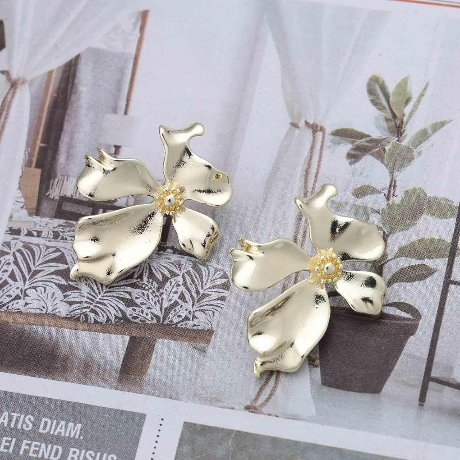 Vintage Large Flower Stud Earrings Gold Floral Earrings Bridal Flower Earrings Metal Floral Stud Earrings Flower Petal Earrings Jewelry for Women - Image 6