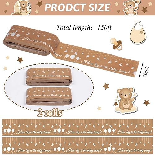 Miniatura 8 de Juegos de baby shower para niña, género neutro How Big is Mommys Belly Tape de 150 pies de medida para la protuberancia del bebé, cinta métrica para