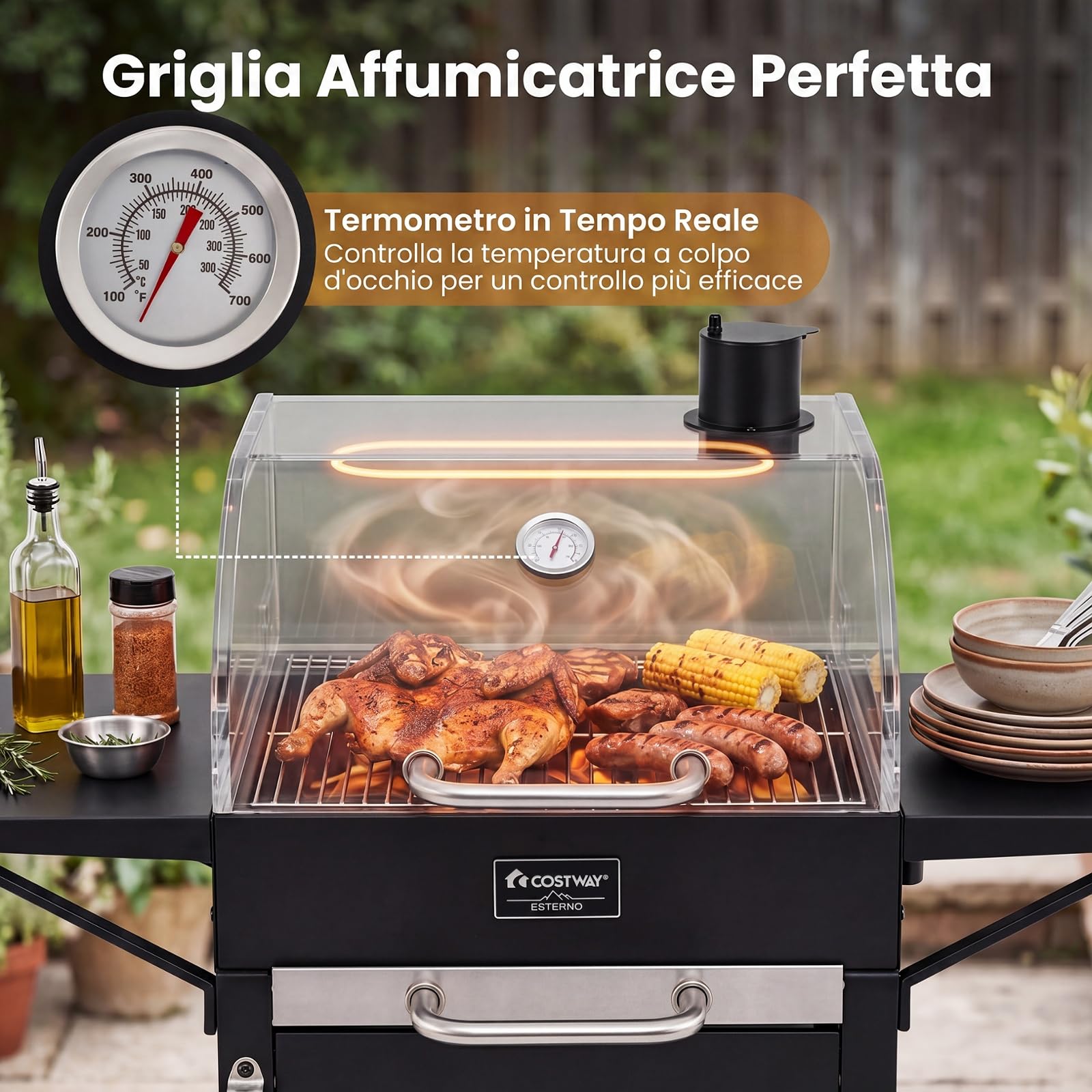 COSTWAY Barbecue a Carbonella con Tavolini Laterali, Forno BBQ con Griglia di Cottura, Termometro e 2 Ruote, Barbecue con Coperchio e Ripiano Aperto per Campeggio e Picnic, 110 x 43 x 105 cm