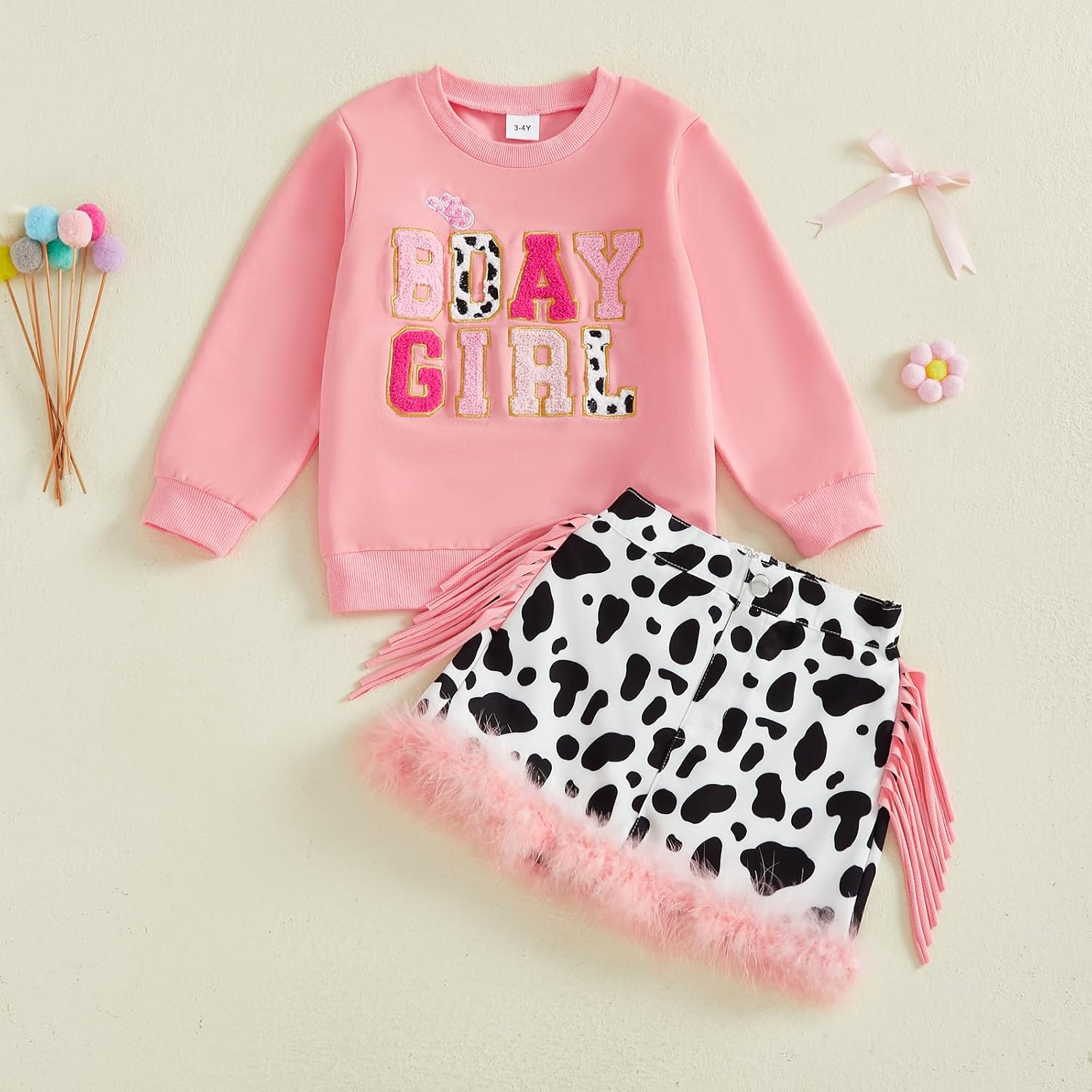Kayotuas Western Toddler Girl Clothes Birthday Girl Outfit Cowgirl Boots Sweatshirt Tops Tassel Feather Trim Mini Skirt Set