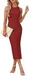 WNEEDU Womens 2026 Summer Dresses Bodycon Sleeveless Slit Ribbed Midi Dress | Trendy casual style,Stretchy knit fabric,Easy to wear with heels or jackets,Suitable for vacation party work daily wear