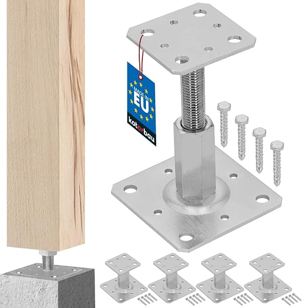 KOTARBAU® Zestaw 4 szt. Podstawa Słupa Regulowana w Pionie – 80 x 80 mm – PSRT – Kotwa Przykręcana – Wspornik Słupa Drewnianego – 90-150 mm