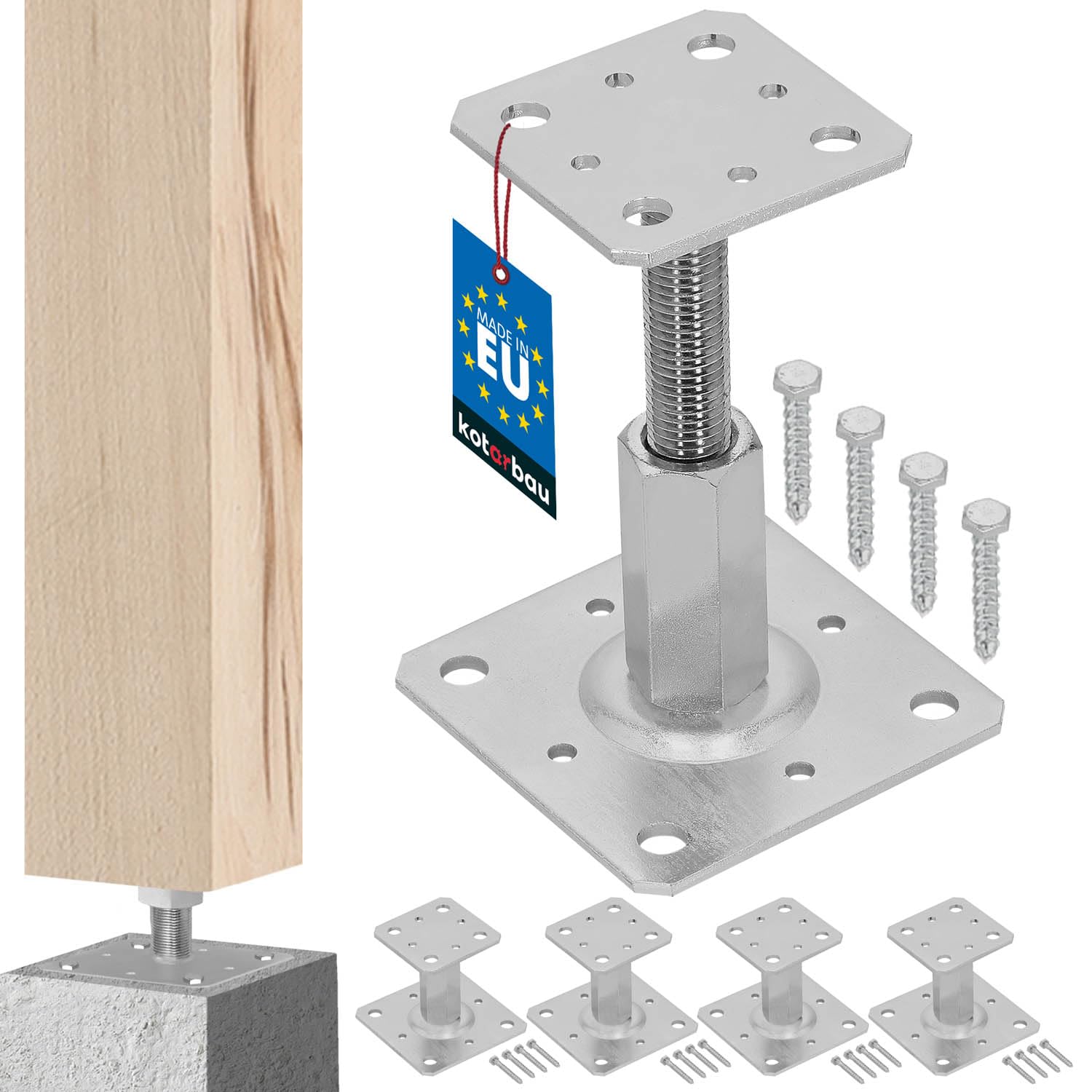 Kotarbau 4 Pieces Kotarbau® 4 Pcs Fence Post Support - Post Base - Galvanised Steel - 80X80 Mm (3.15X3.15 Inches) - Silver - Adjustable Height 90–150 Mm (3.54–5.91 Inches) - Heavy Duty
