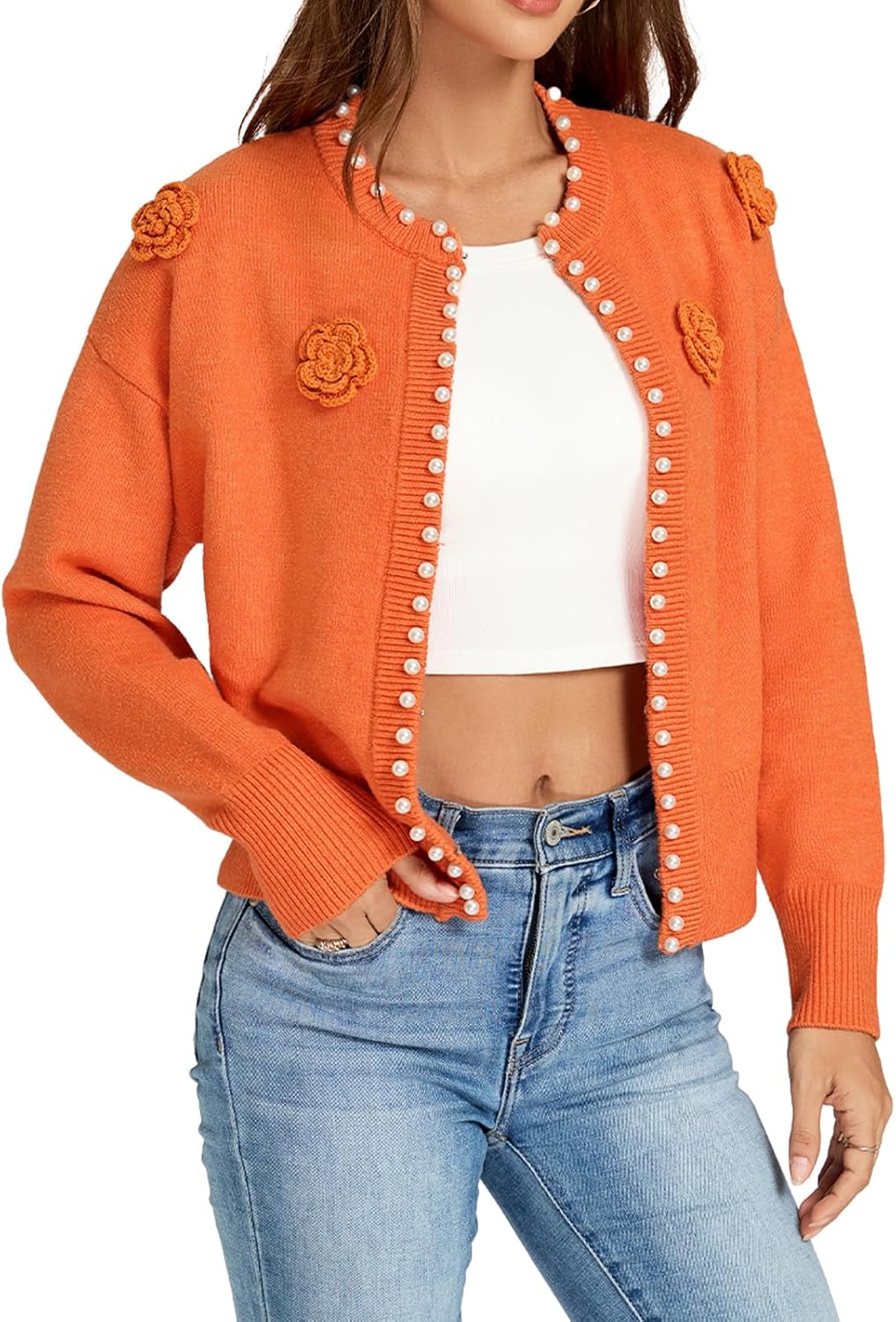 Women's Pearls Open Front Cardigan Sweater Casual Knitted Long Sleeve Floral Embroidered Outerwear Coat - Image 4