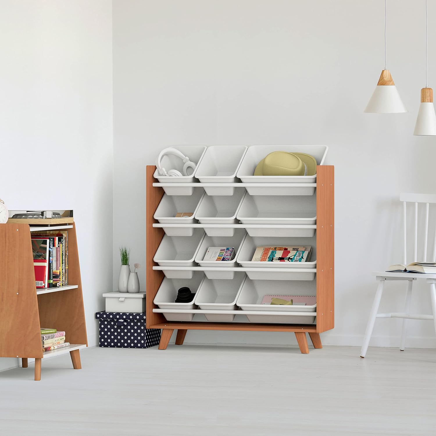 Humble Crew 12-Bin Toy Organizer – Mid-Century Modern Storage Rack with Wood Frame & White Bins, 4-Tier Kids’ Organizer with Angled Legs for Playrooms, Bedrooms & Nurseries