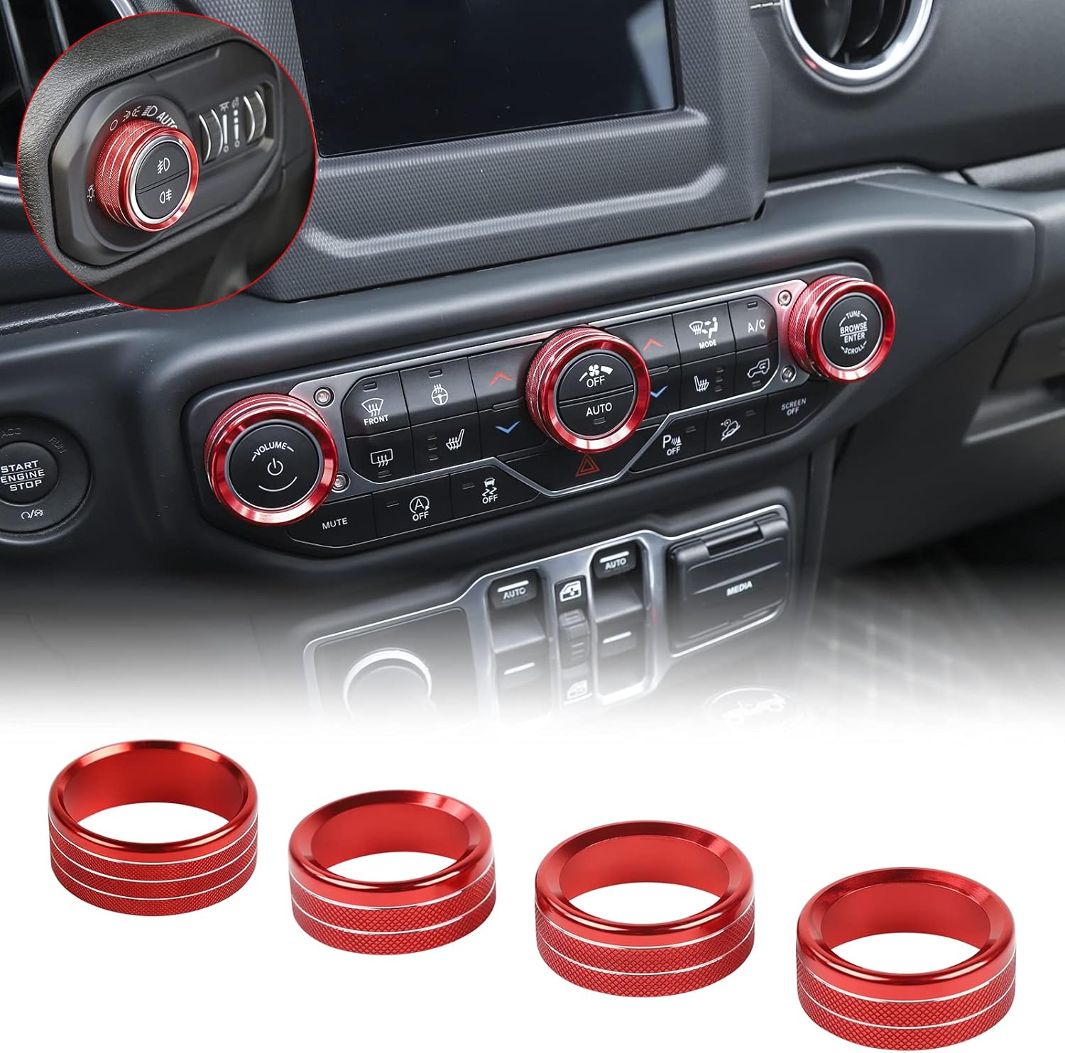 JeCar Air Conditioner Radio Switch Knob Cover & Headlight Knob Cover Aluminum Alloy AC Button Trims Compatible with Jeep Wrangler 2018-2023 JL JLU & 2020-2023 Gladiator Specific Dial Panel, Orange