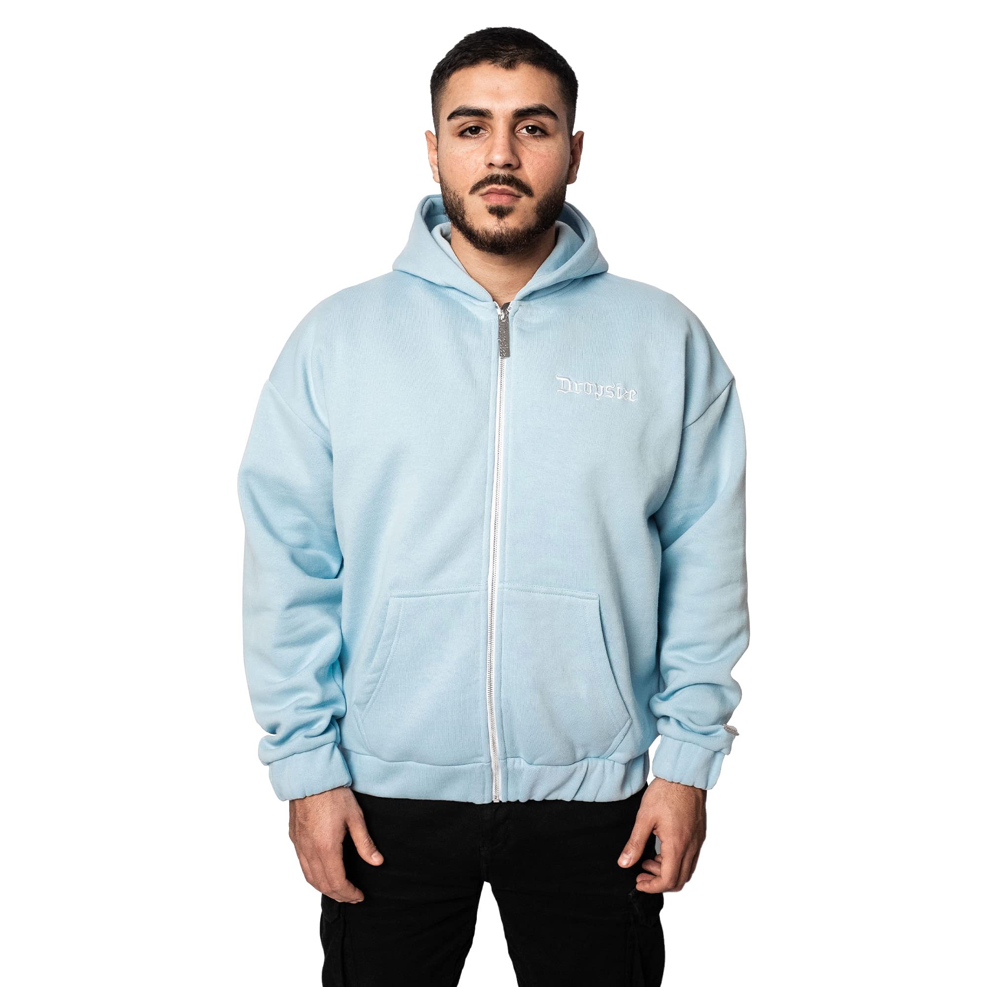 Dropsize Super Heavy Oversize BLANK Zip Baby Blue, Urban Streetwear Oversize Zipper, 360 GSM Cotone, con cappuccio