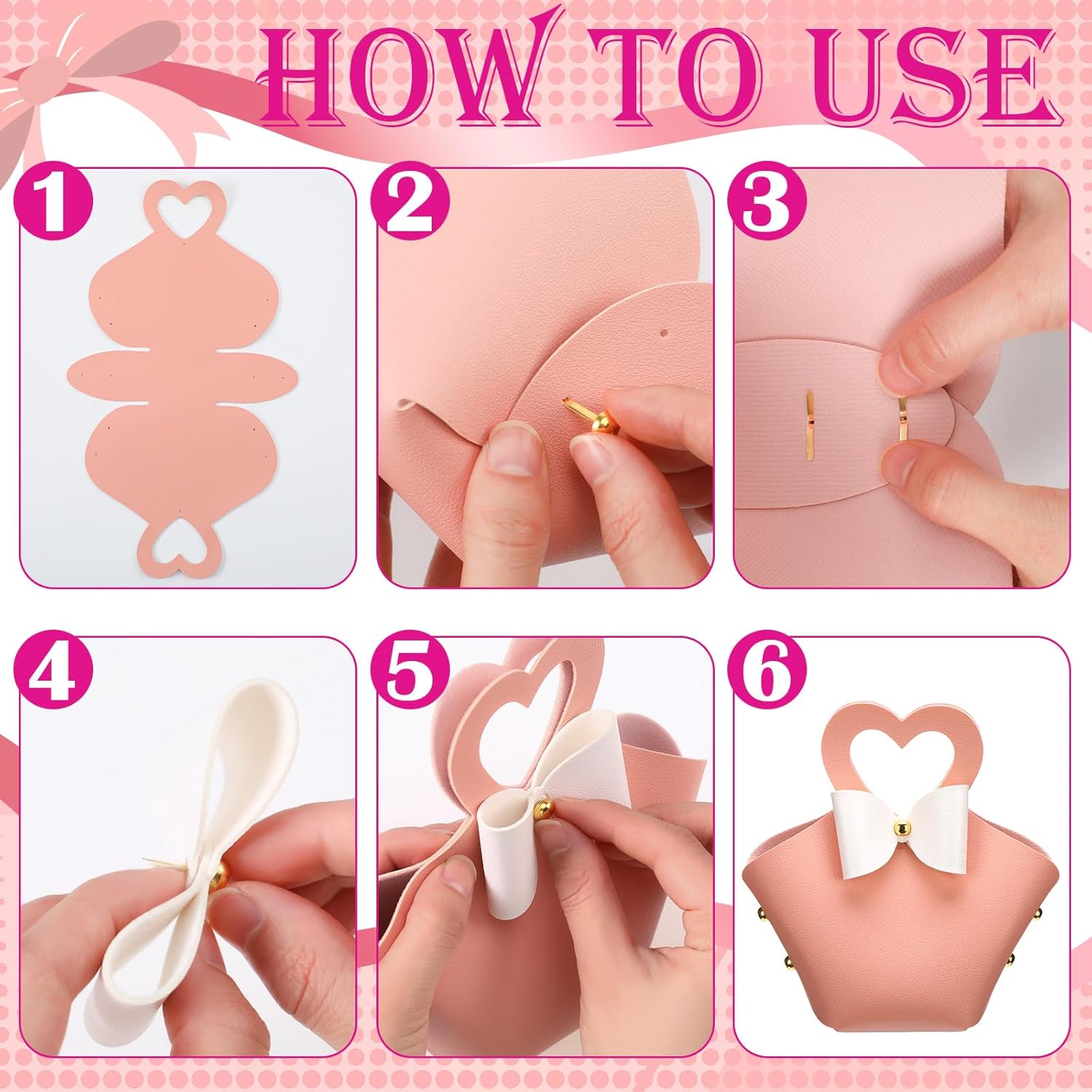 24 Sets Heart Shaped Gift Boxes with Coquette Bow 6.3x4.9x2 Inch Reusable Leather Bowknot Handbag Treat Box Candy Bag with Handle for Valentine Galentines Wedding Baby Shower Favor(Cute Style) - Image 3