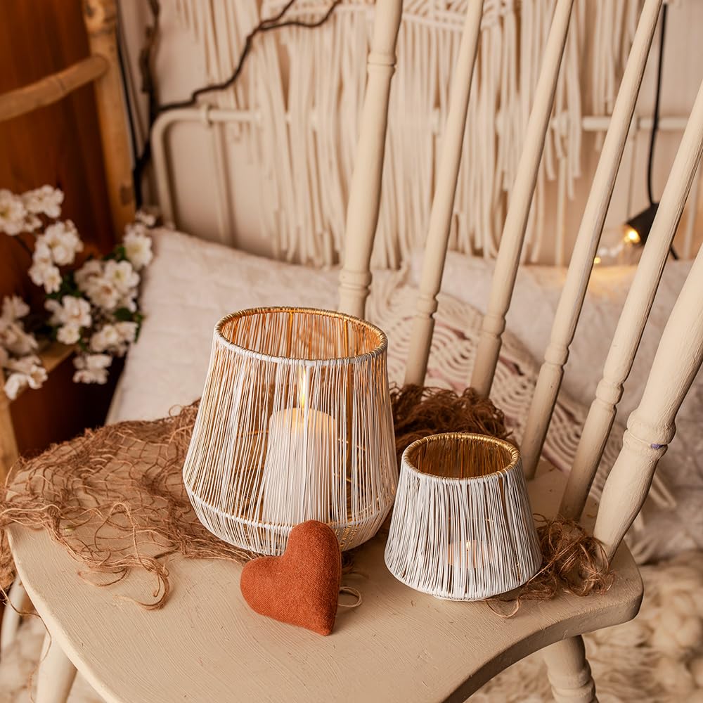 Marrakesh Set van 3 Boho decoratieve theelichthouders - 20 cm - Grote Yazim kandelaar in wit en goud - Esthetische decoratie voor de woonkamer - Scandinavische lantaarns - balkondecoratie