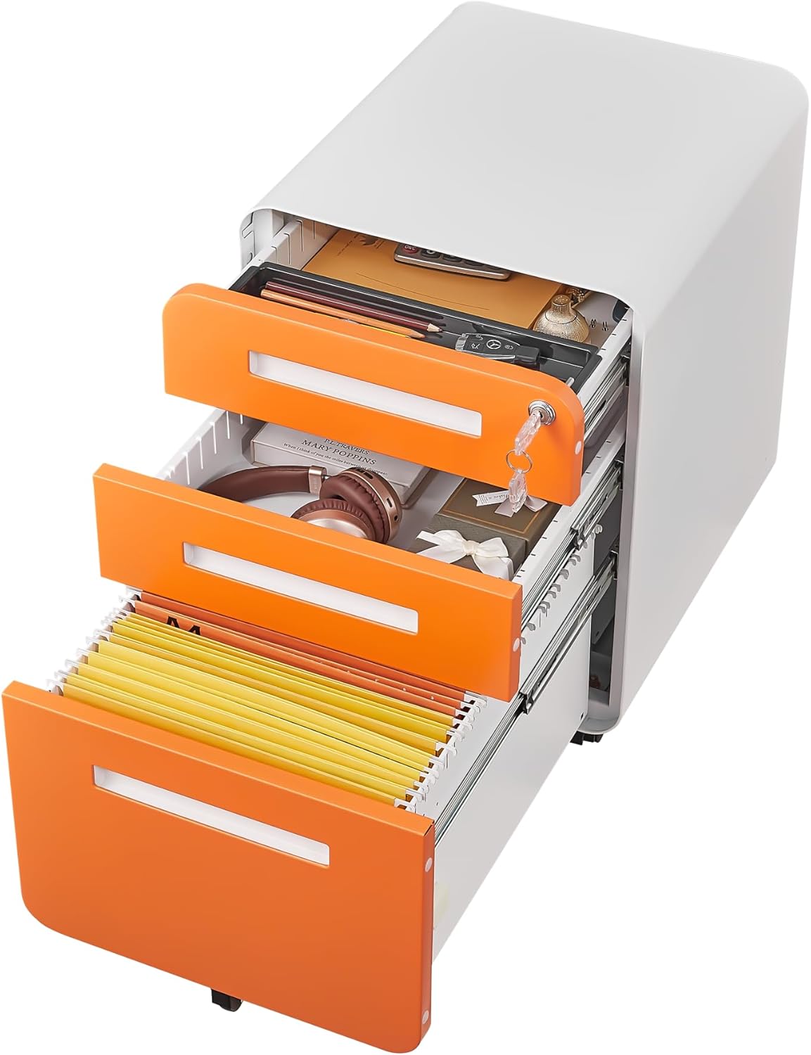 3 Drawer File Cabinet for Home Office, Under Desk Mobile Filing Cabinet with Lock for A4/Letter/Legal Size, 5 Wheel Anti-tilt Rolling File Cabinets, Fully Assembled (Except Casters)