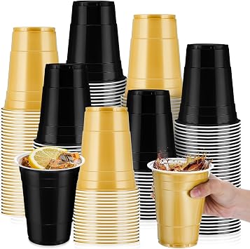 100 Pcs 16 oz Disposable Plastic Cups Party Holiday, Black, Gold
