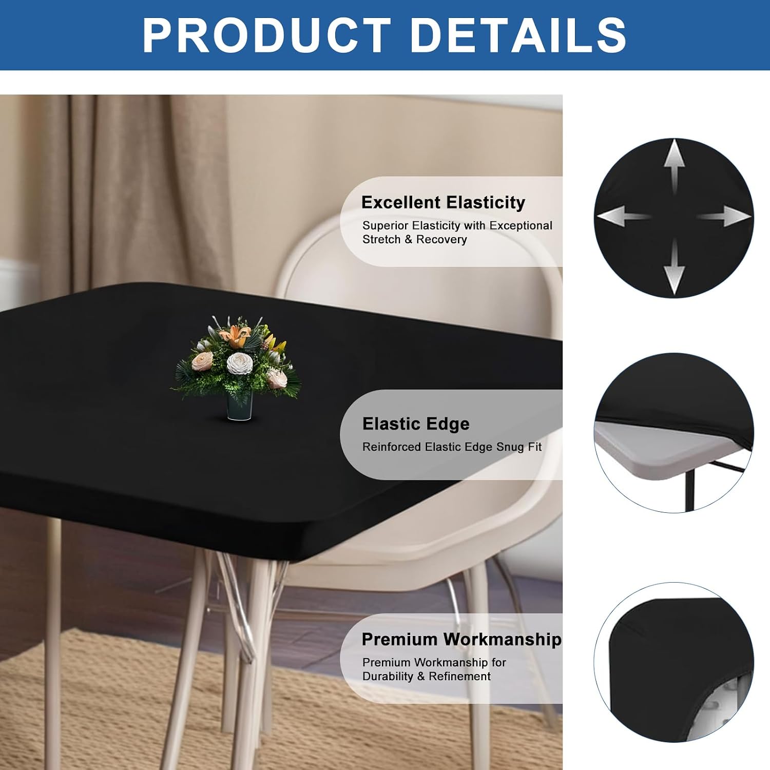 Fitted Tablecloth Black Card Elastic Spandex Table Cover-Small Stretch Folding Table Cloths for Kitchen Dining Picnic Patio Outdoor Party (Black, 42in*72in(Rectangle)) image 3