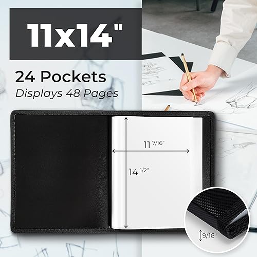 Miniatura 2 de Dunwell Carpeta de arte de 11 x 14 pulgadas con papel de montaje (negro), carpeta grande para almacenamiento de obras de arte, 24 fundas para 48