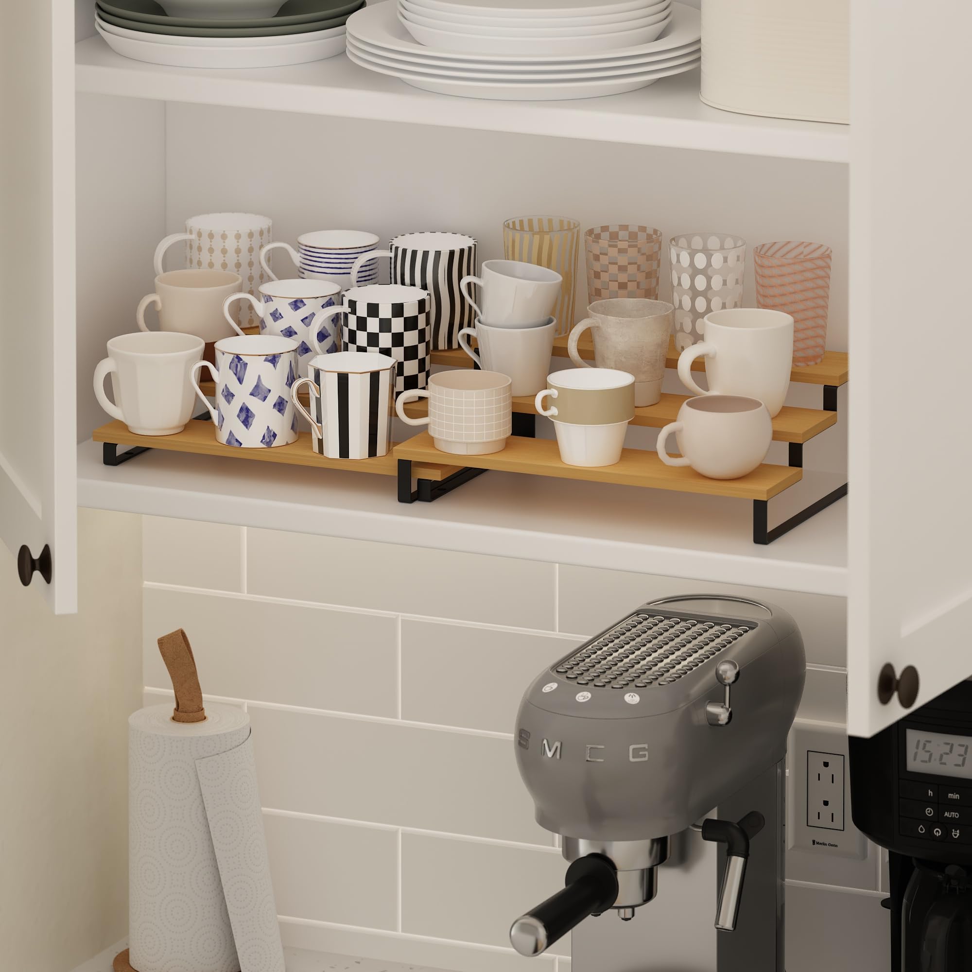 Furinno Ravel Expandable Kitchen Countertop Organizer Set of 2, 3-Tier Oak Counter Shelves, Kitchen Storage, Spice Rack, for Kitchen, Pantry, Coffee Bar, Light Beech