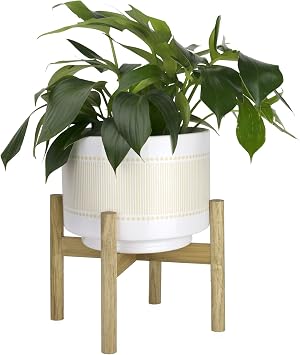 LA JOLIE MUSE Large Ceramic Planter with Wood Stand - 10 Inch Boho Dot-Line Pattern Cylinder Flower Plant Pot for Indoor, Yellow Beige & Bright White