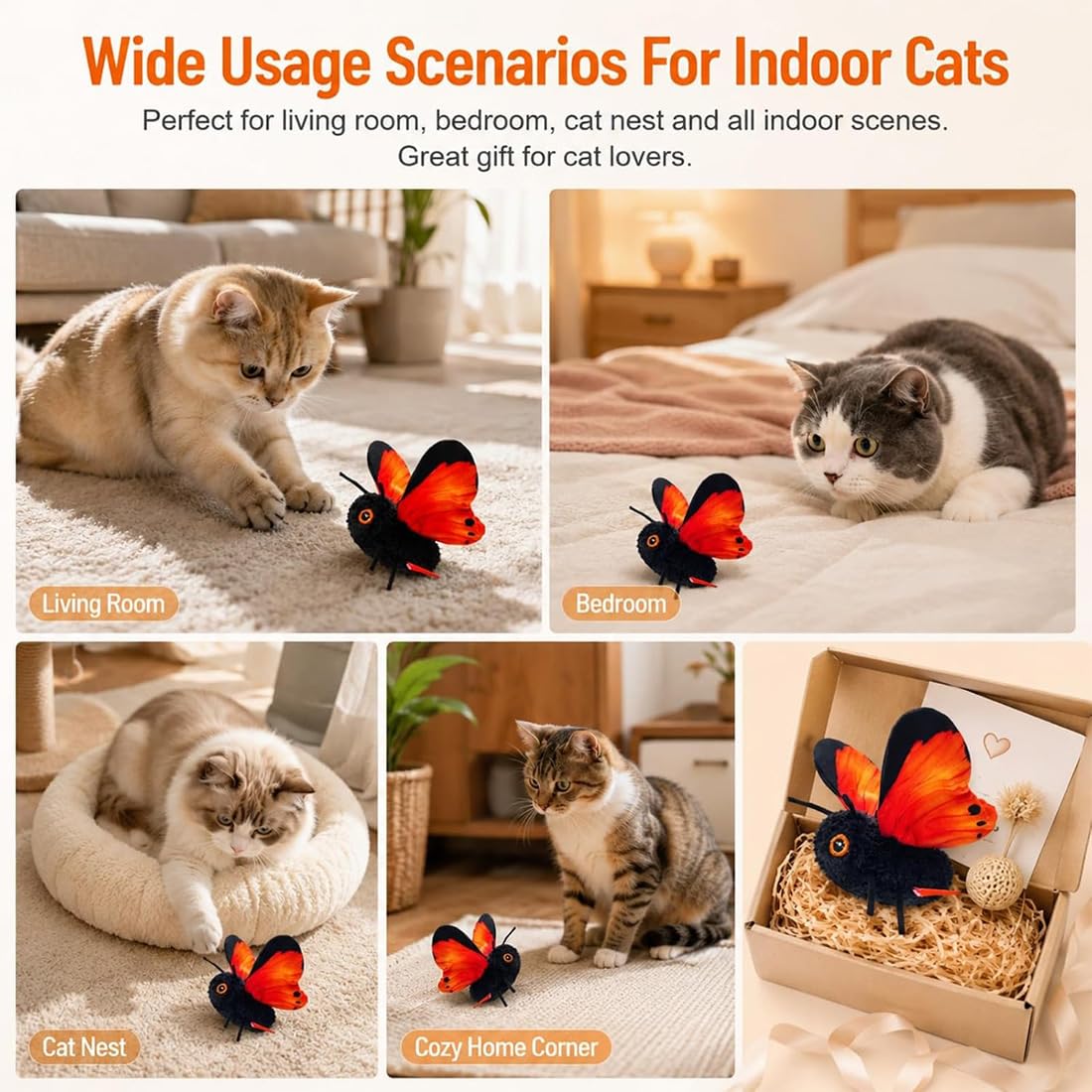 Giocattolo interattivo per gatti a forma di farfalla con sensore di movimento, Giocattolo interattivo per gatti a forma di farfalla, Giocattolo realistico ricaricabile per gatti (Gold+Blue)