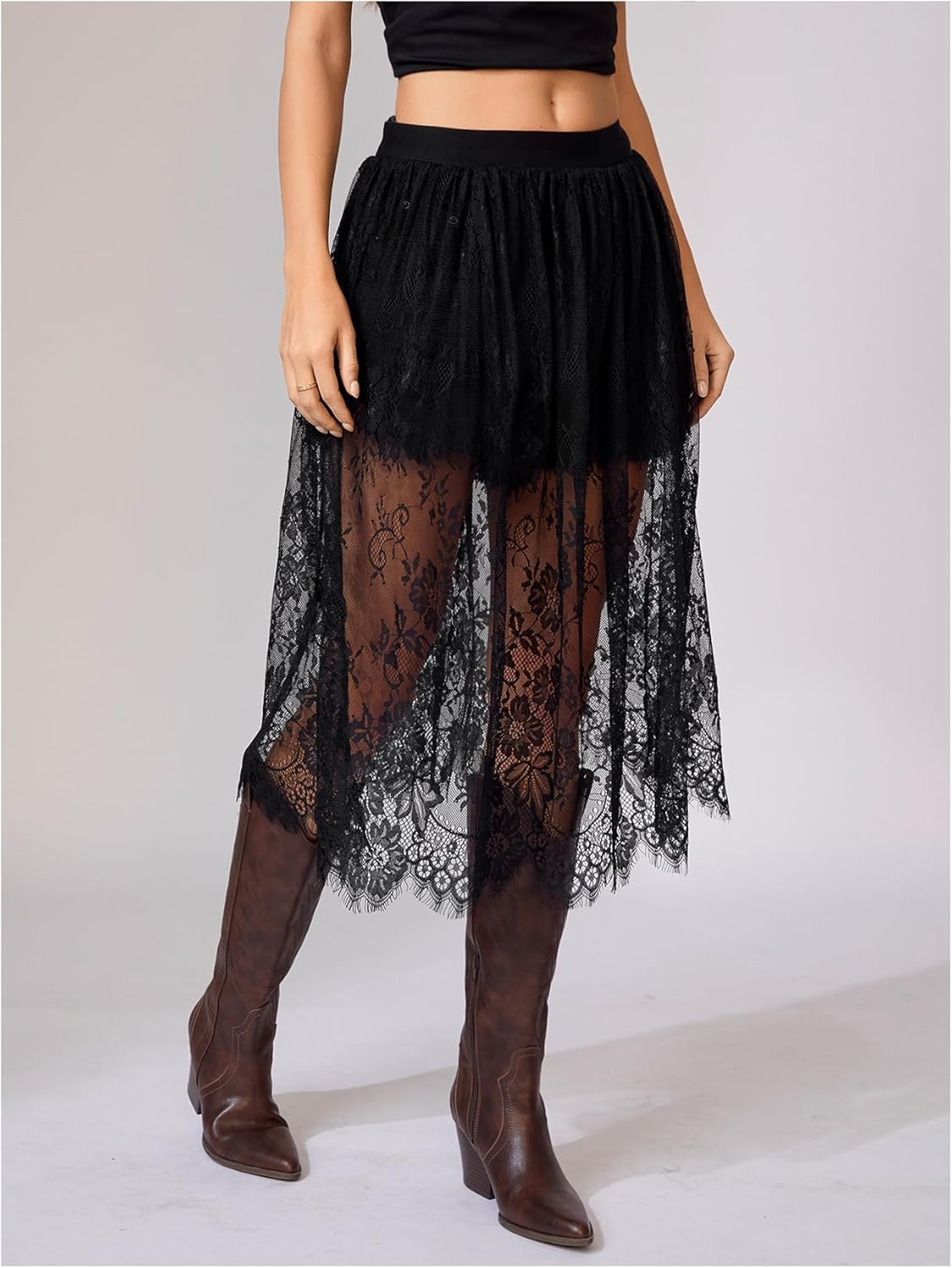 Women's Floral Lace Sheer Skirt High Waisted A Line Midi Skirts Beach Cover-ups Mesh Streetwear Y2K Skirts - Image 5