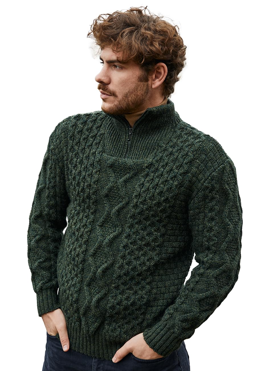 SAOL Aran Sweater for Men's Irish Fishermen Wool Zip Neck Sweater Cardigan Made in Ireland, Army Green, Large